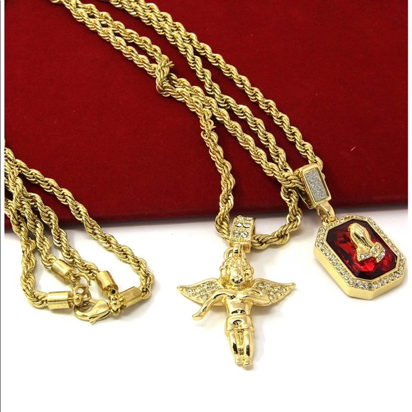 Gold Angel & Ruby Set Cz Pendant 24" & 30" Chain - Picture 5 of 6